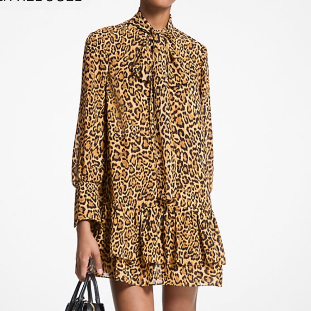 Michael Kors Georgette Leopard Print Tie-Neck Dress